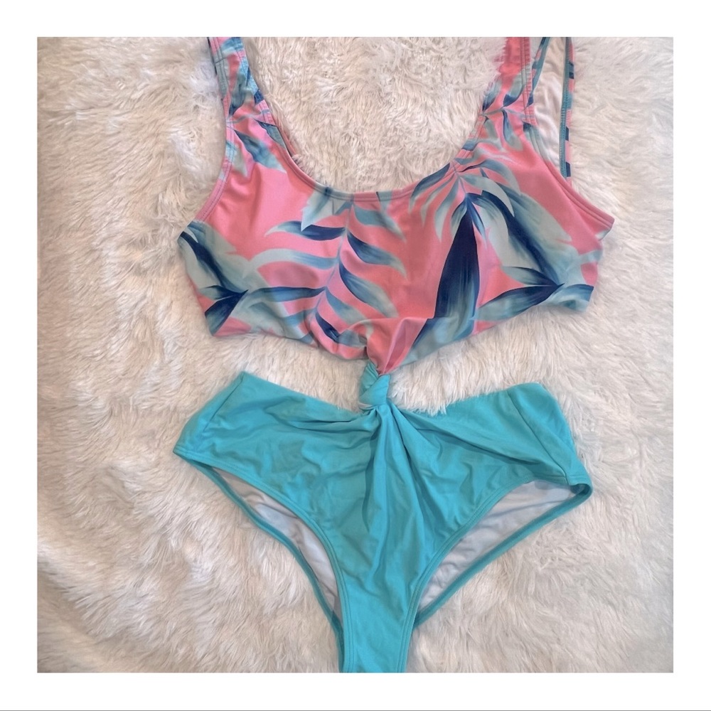 Pink Lily Pink & Turquoise Tropical Knot Front One-Piece Swim